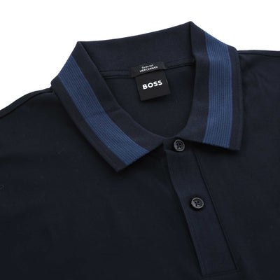 BOSS H Pleins 200 Long Sleeve Polo in Dark Blue Collar