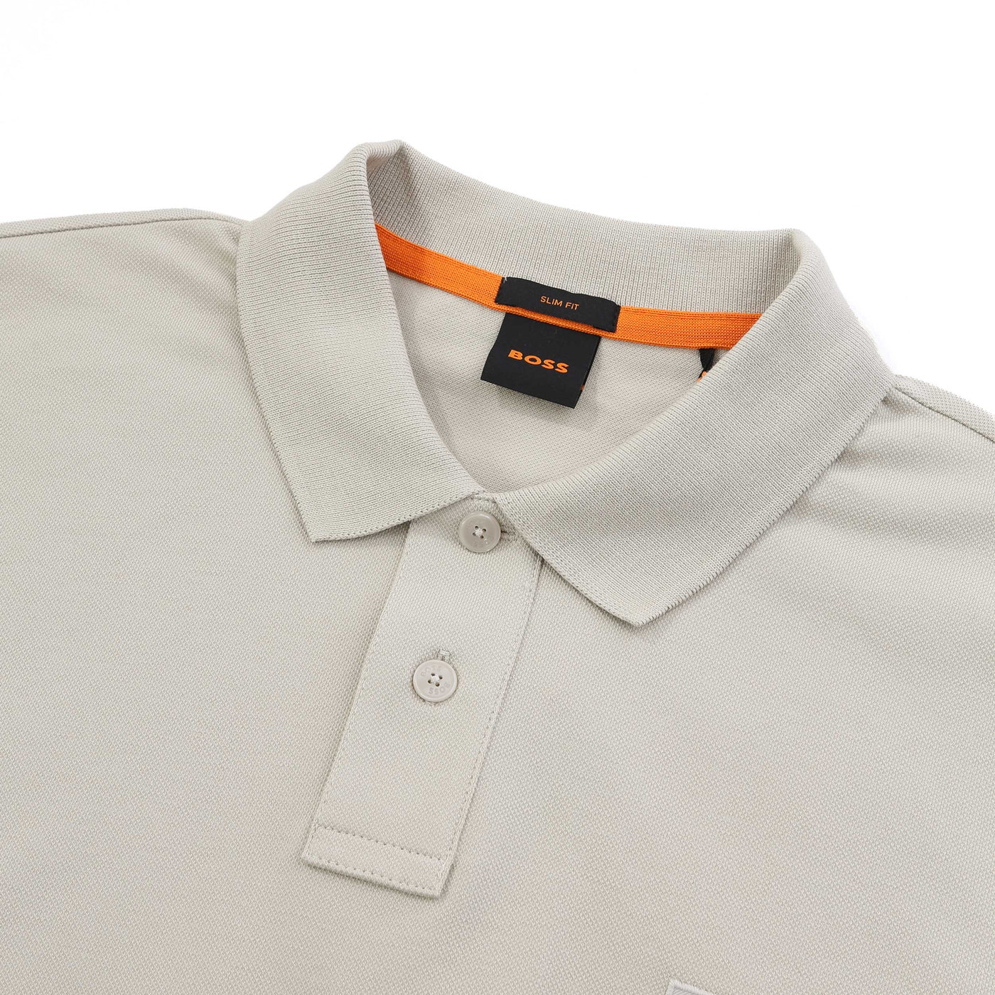 BOSS Passerby Long Sleeve Polo Shirt in Light Beige Collar