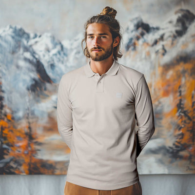 BOSS Passerby Long Sleeve Polo Shirt in Light Beige Model