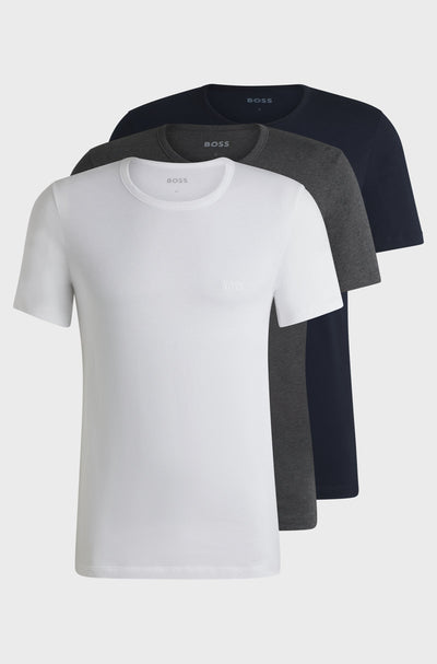 BOSS Tshirt RN 3P Classic T-Shirt in White, Navy & Charcoal Grey