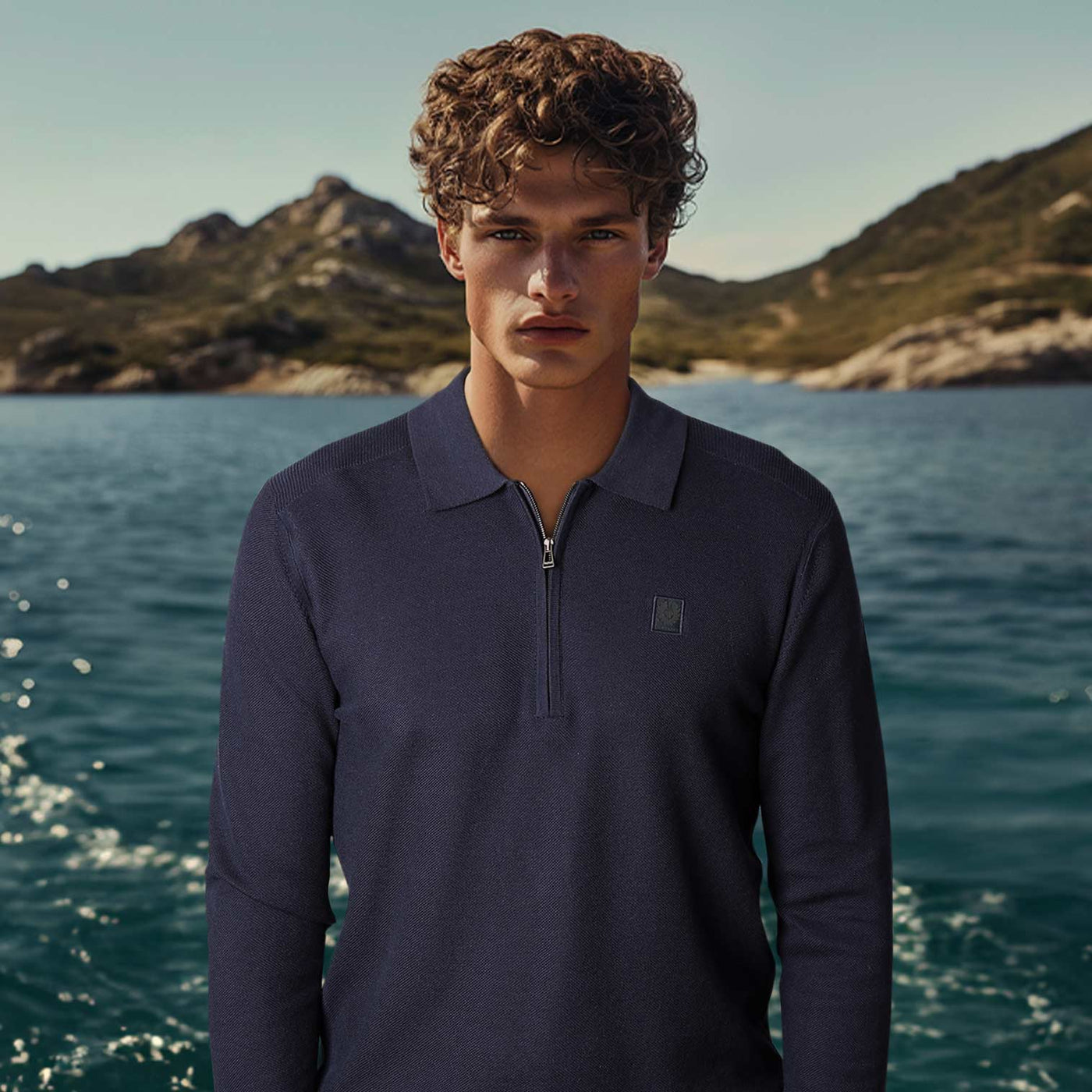 Belstaff Drift Knitted Polo in Dark Ink Model