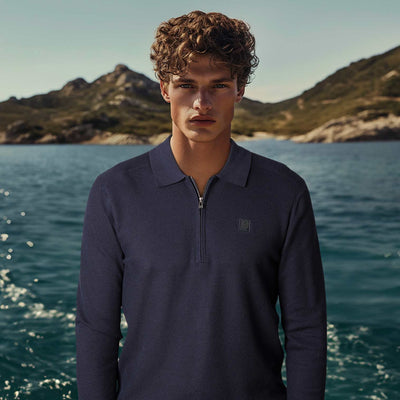 Belstaff Drift Knitted Polo in Dark Ink Model