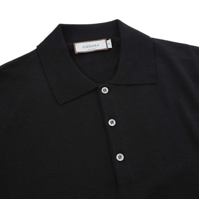 Canali 3 Button Knitted Polo in Black Placket