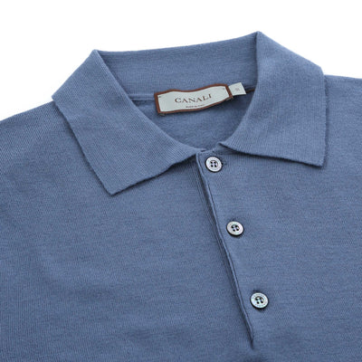 Canali 3 Button Knitted Polo in Blue Placket