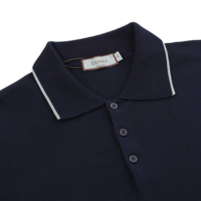 Canali Knitted 3 Button Polo Shirt in Navy Trim