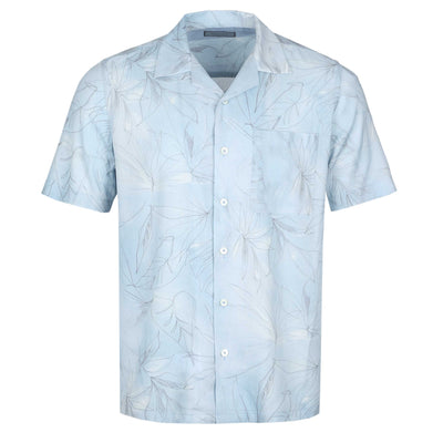 Canali Leaf Print Short Sleeve Shirt in Sky Blue