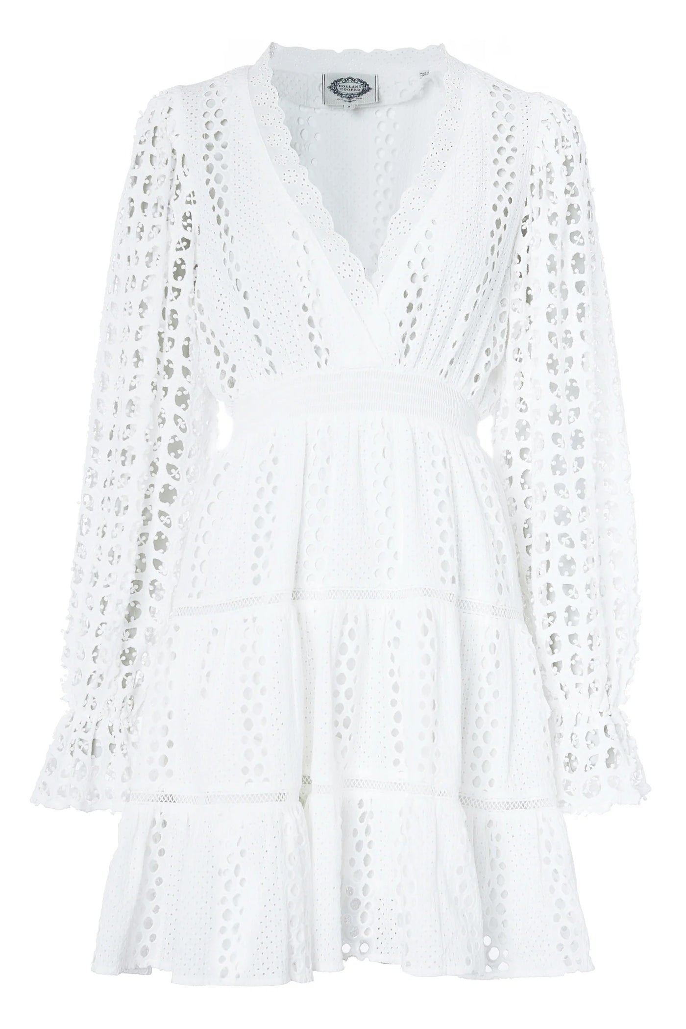 Holland Cooper Broderie Lace V Neck Dress in White FrontHolland Cooper Broderie Lace V Neck Dress in White Front