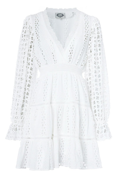 Holland Cooper Broderie Lace V Neck Dress in White FrontHolland Cooper Broderie Lace V Neck Dress in White Front