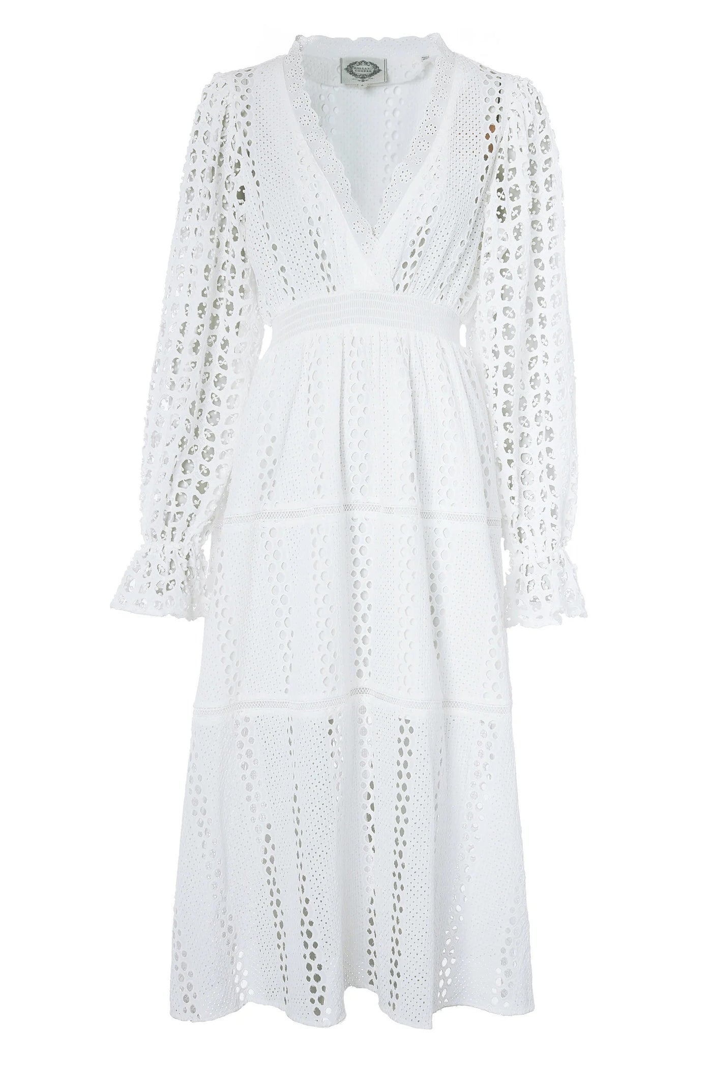 Holland Cooper Broderie Lace V Neck Midi Dress in White Front