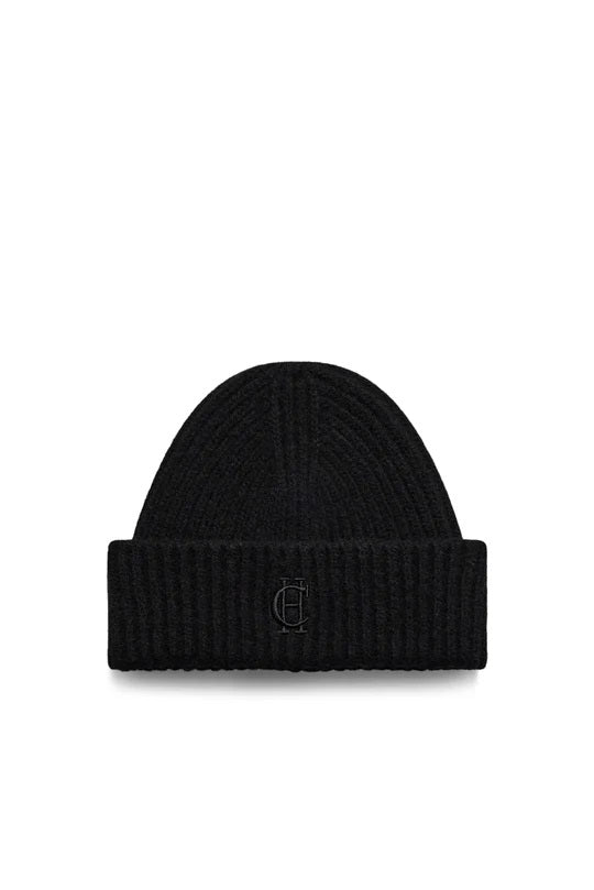 Holland Cooper Classic Embroidered Ladies Beanie Hat in Black Front