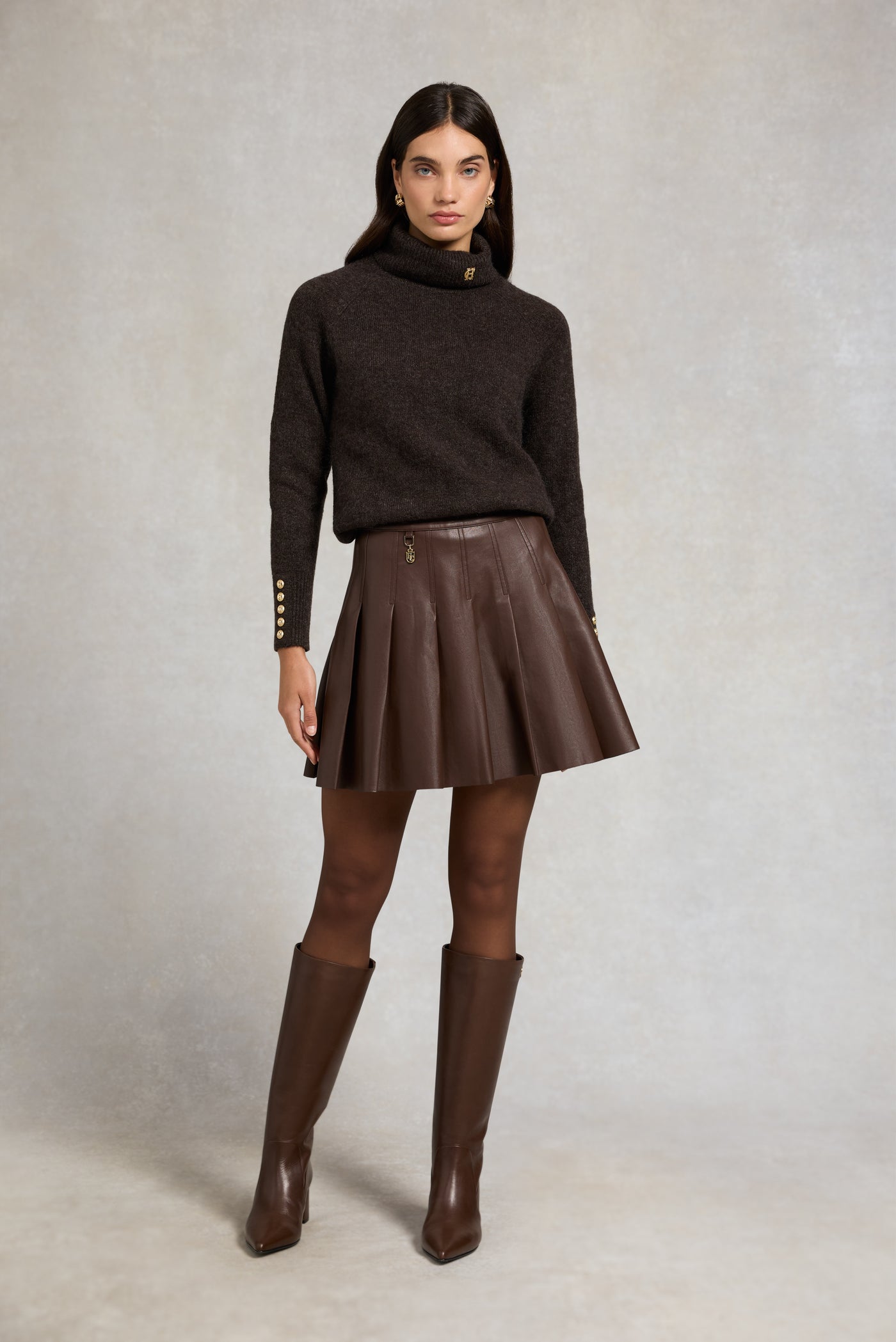 Holland Cooper Faux Leather Pleated Mini Skirt in Espresso Model Front