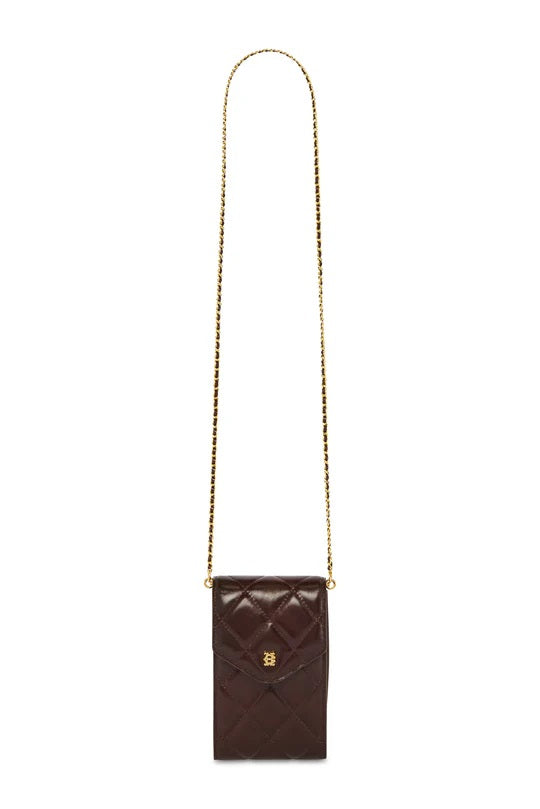 Holland Cooper Knightsbridge Quilted Ladies Phone Pouch in Chestnut Leather Front Chain