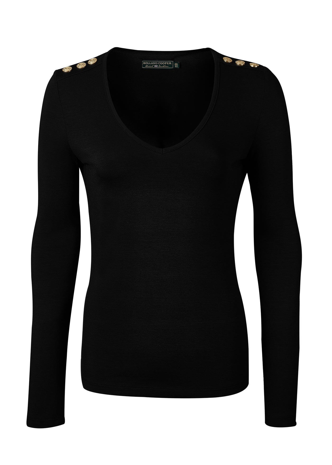 Holland Cooper Long Sleeve V Neck Tee in Black Front