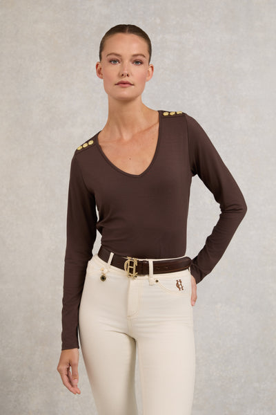 Holland Cooper Long Sleeve V Neck Tee in Coffee