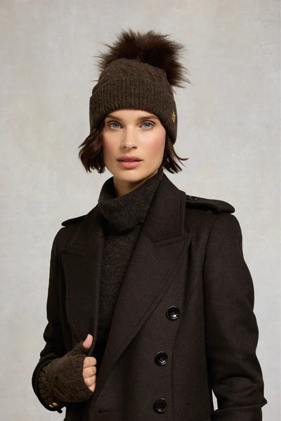 Holland Cooper Sloane Cable Ladies Bobble Hat in Chocolate