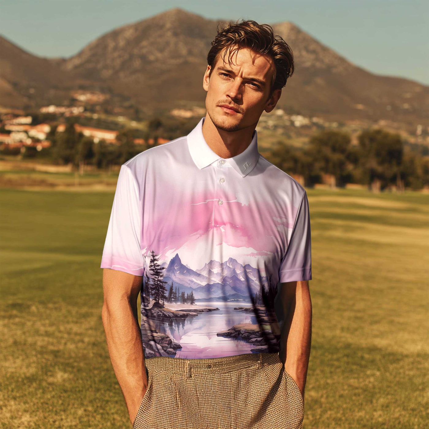 J.Lindeberg Samuel Polo Shirt in Landscape Watercolour Purple