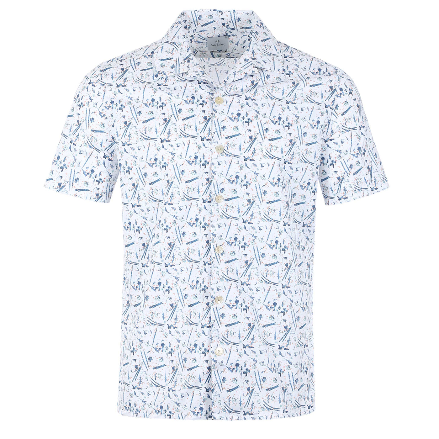 Paul Smith Blue Floral Print Reg Fit SS Shirt in White front