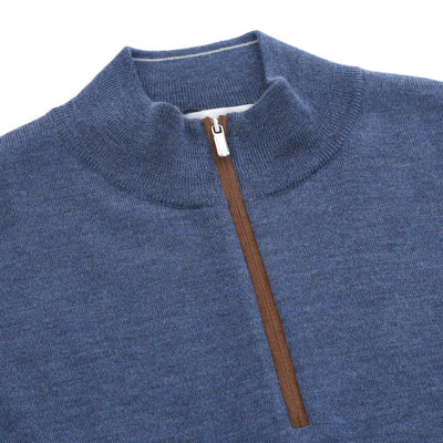 Peter Millar Autumn Crest Suede Trim 1/4 Zip Knitwear in Blue Haze Placket