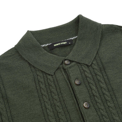 Remus Uomo Cable Knit Front Knitted Polo in Green Placket