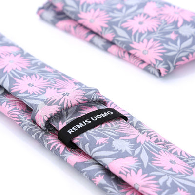 Remus Uomo Floral Tie & Hank Set in Pink & Grey Set