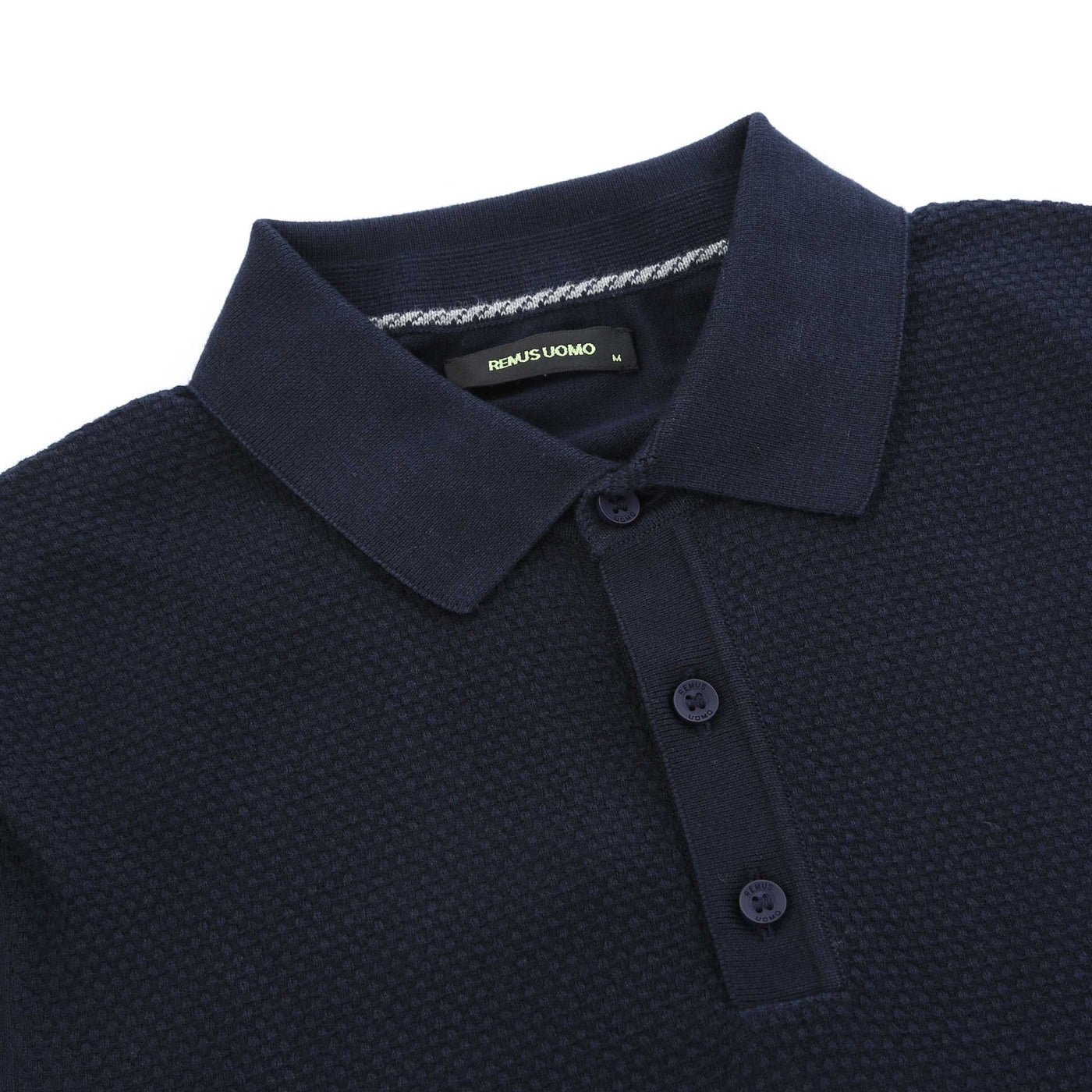 Remus Uomo Waffle Front Knitted Polo in Navy Placket