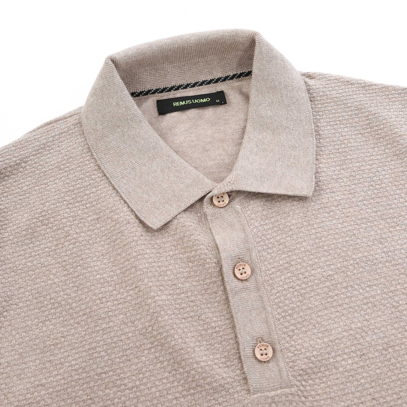 Remus Uomo Waffle Front Knitted Polo in Oatmeal Placket