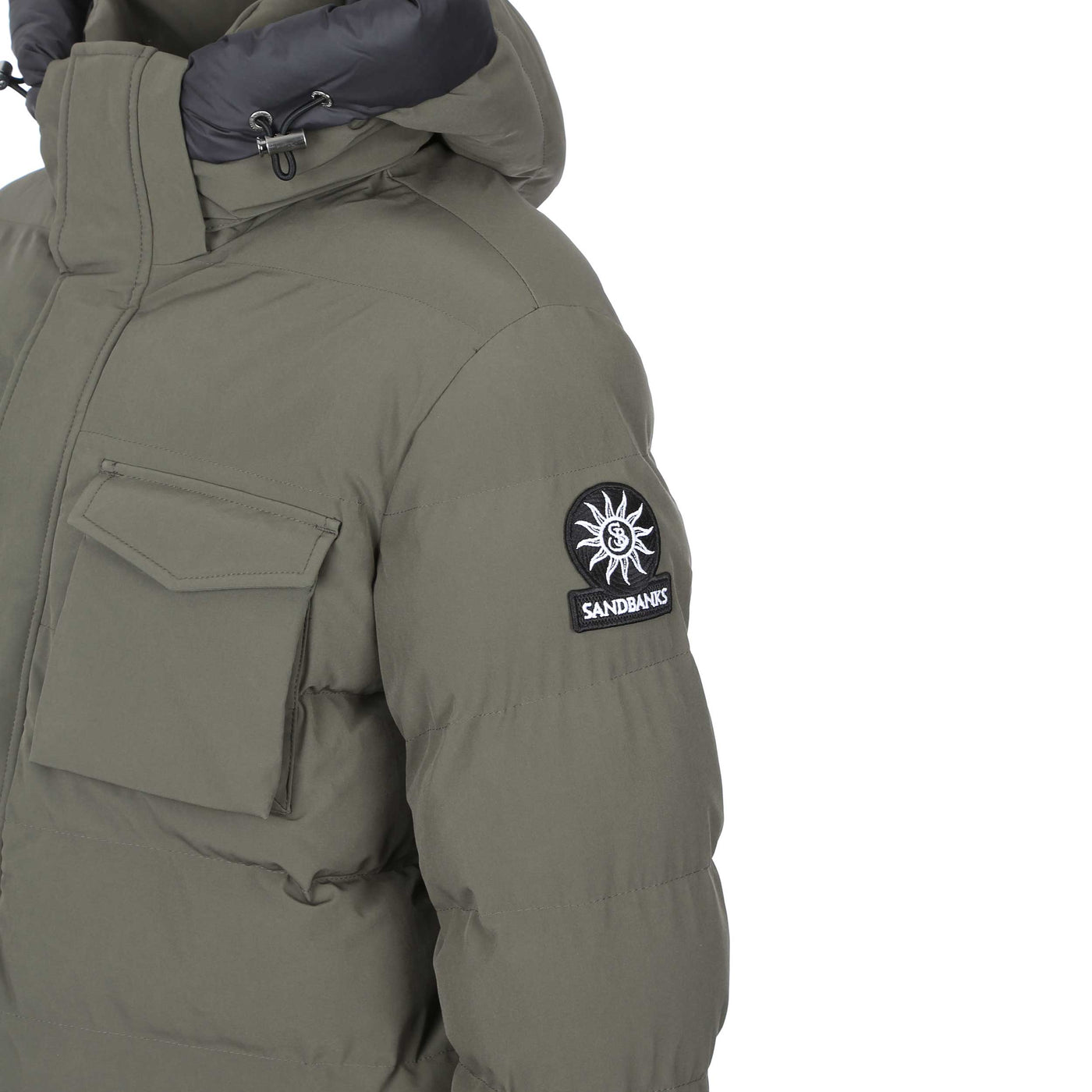 Sandbanks Branksome Long Puffer Jacket in Khaki Logo