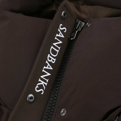 Sandbanks Haven Oversized Long Puffer Ladies Jacket in Brown Placket Logo