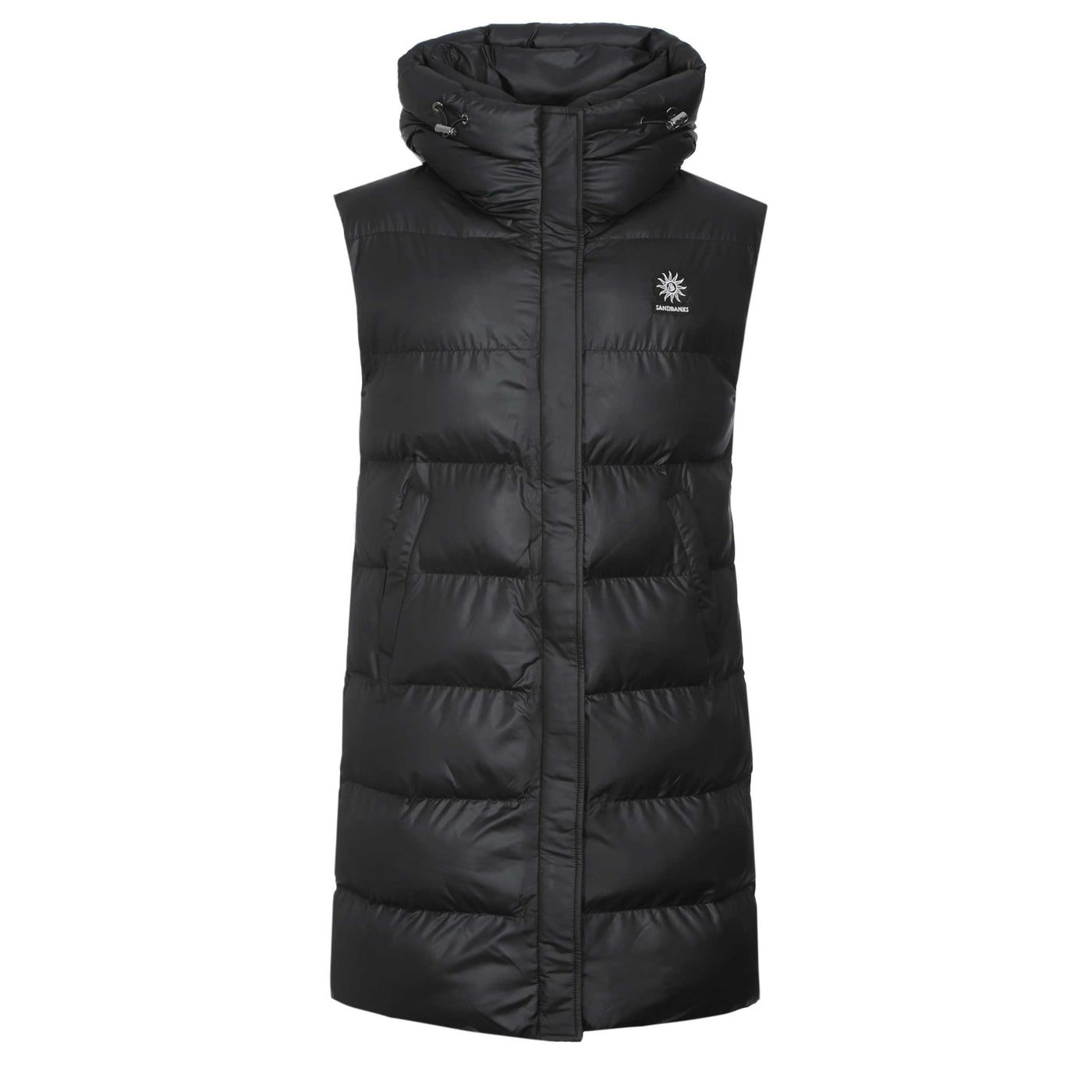 Sandbanks Shell Bay Hooded Long Gilet in Black Front