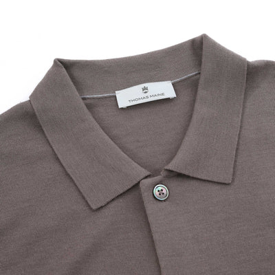 Thomas Maine Button Thru Knitted Polo in Light Brown Collar