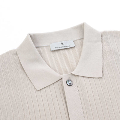 Thomas Maine Ribbed Button Thru Knitted Polo in Cream Collar