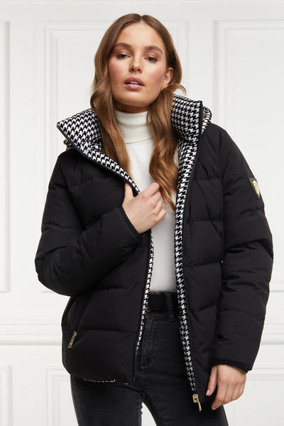 Holland Cooper Hambury Reversible Down Puffer Jacket in Black Houndstooth